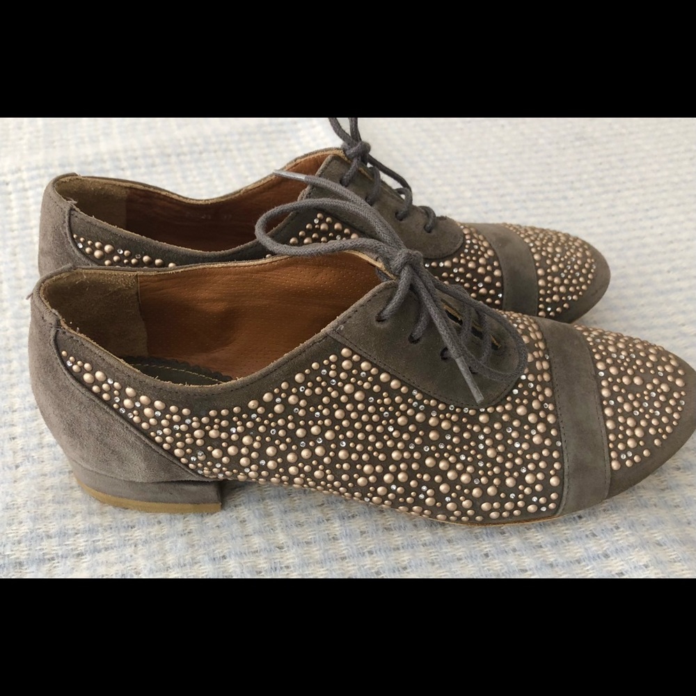 🩶MALOLES - Grey Richelieu - Suede lace up shoes with rhinestones